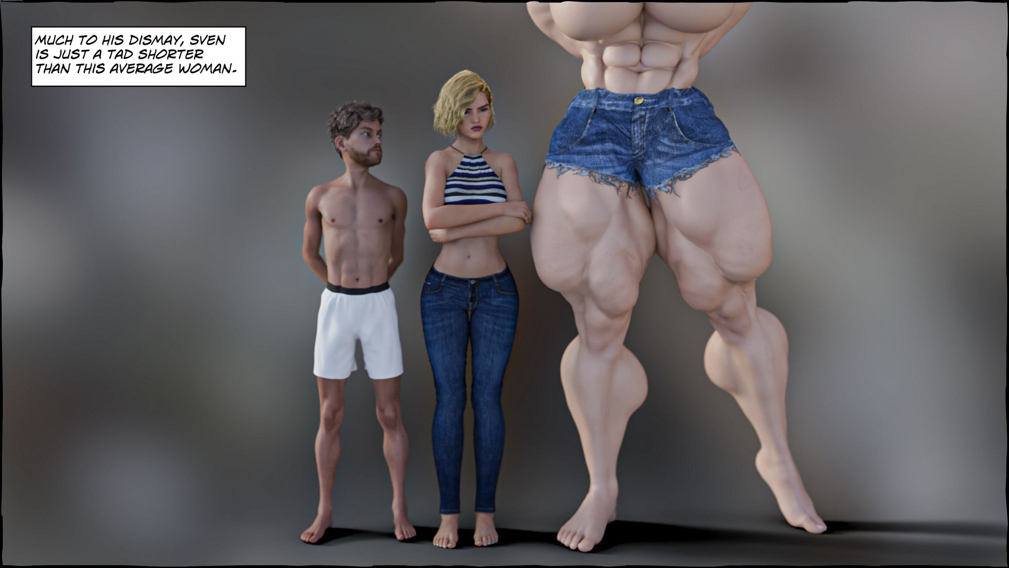 two normal people next to a muscular giantess
