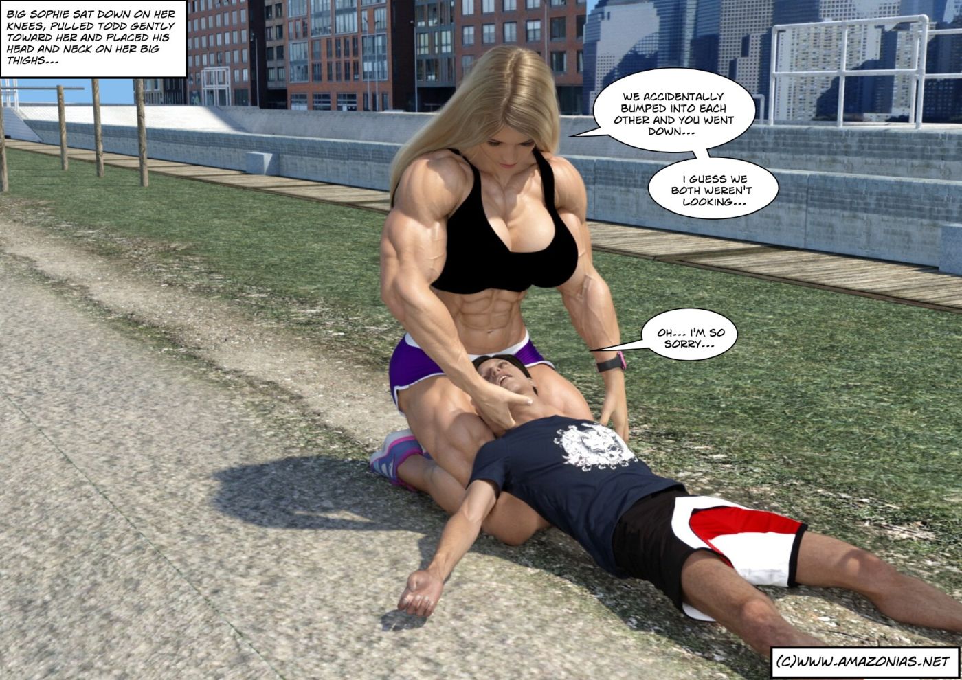 big female bodybuilder caring for small man
