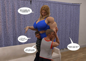 female bodybuilder against two men