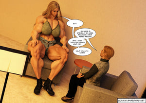 huge female bodybuilder talking to small man