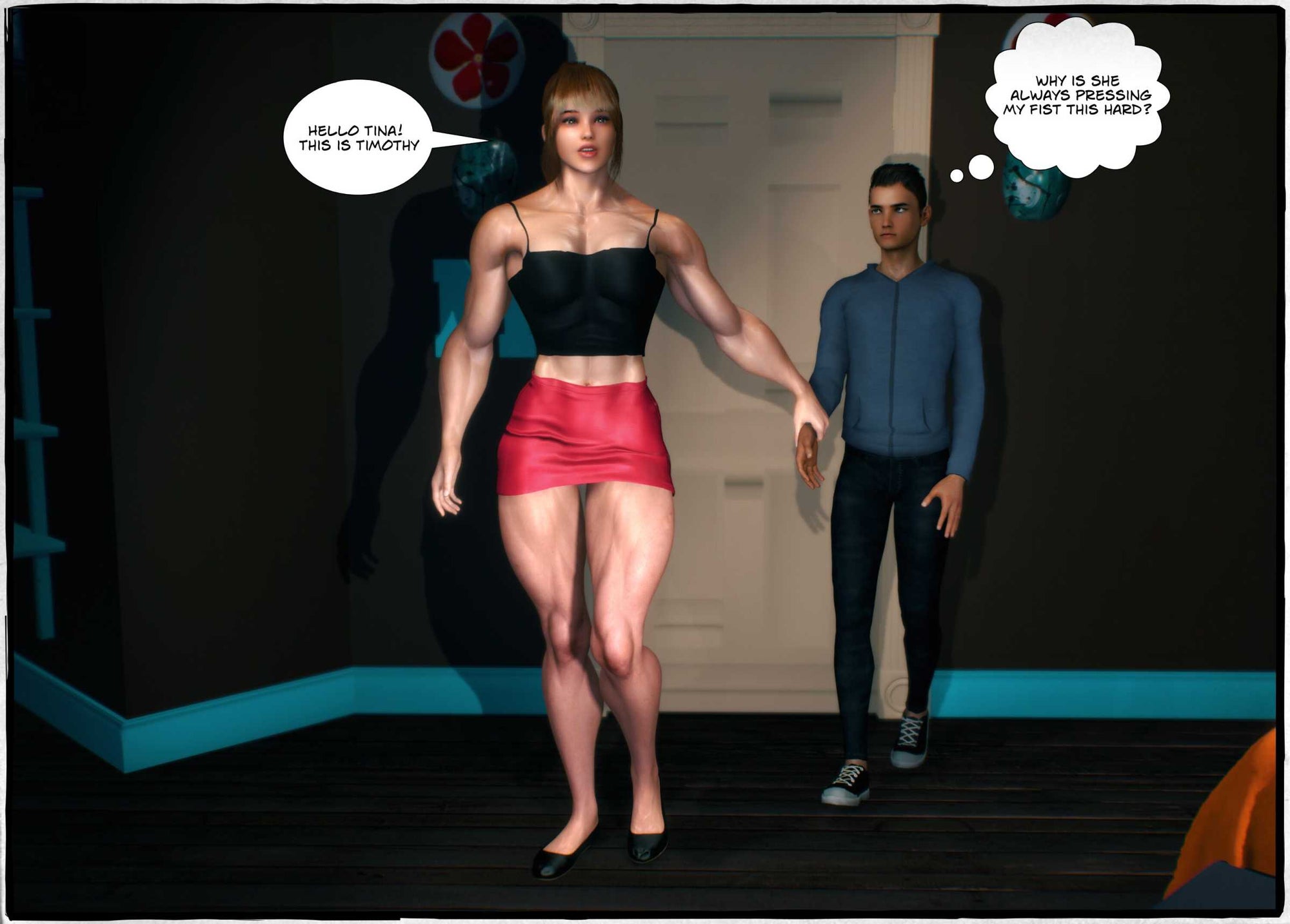 musclegirl leading guy into her room